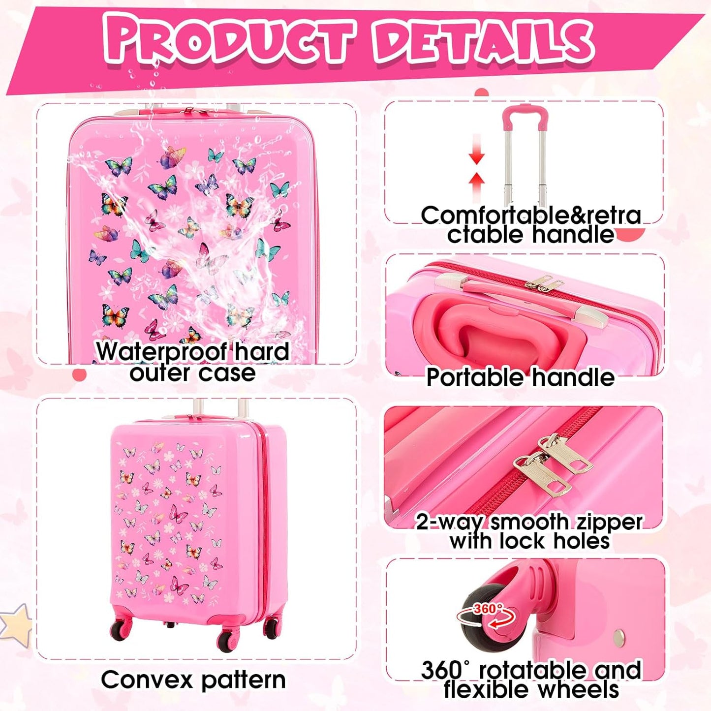 Sanwuta 4 Pcs Kids Luggage Set Kids Backpack Travel Rolling Suitcase with Wheels U-shape Pillow Childrens Gift for Girls Boys(17 Inch,Butterfly Style,Rose Pink)