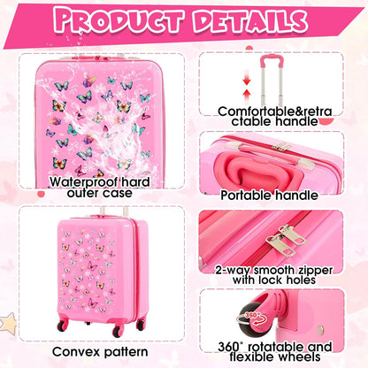 Sanwuta 4 Pcs Kids Luggage Set Kids Backpack Travel Rolling Suitcase with Wheels U-shape Pillow Childrens Gift for Girls Boys(17 Inch,Butterfly Style,Rose Pink)