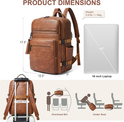 Shrrie Laptop Backpack for Women,Vegan Leather Backpack Work Computer Backpacks fits 16" Laptop,Water Resistant Teacher Nurse Casual Daypack for Weekender Camping Travel,Two-toned Brown