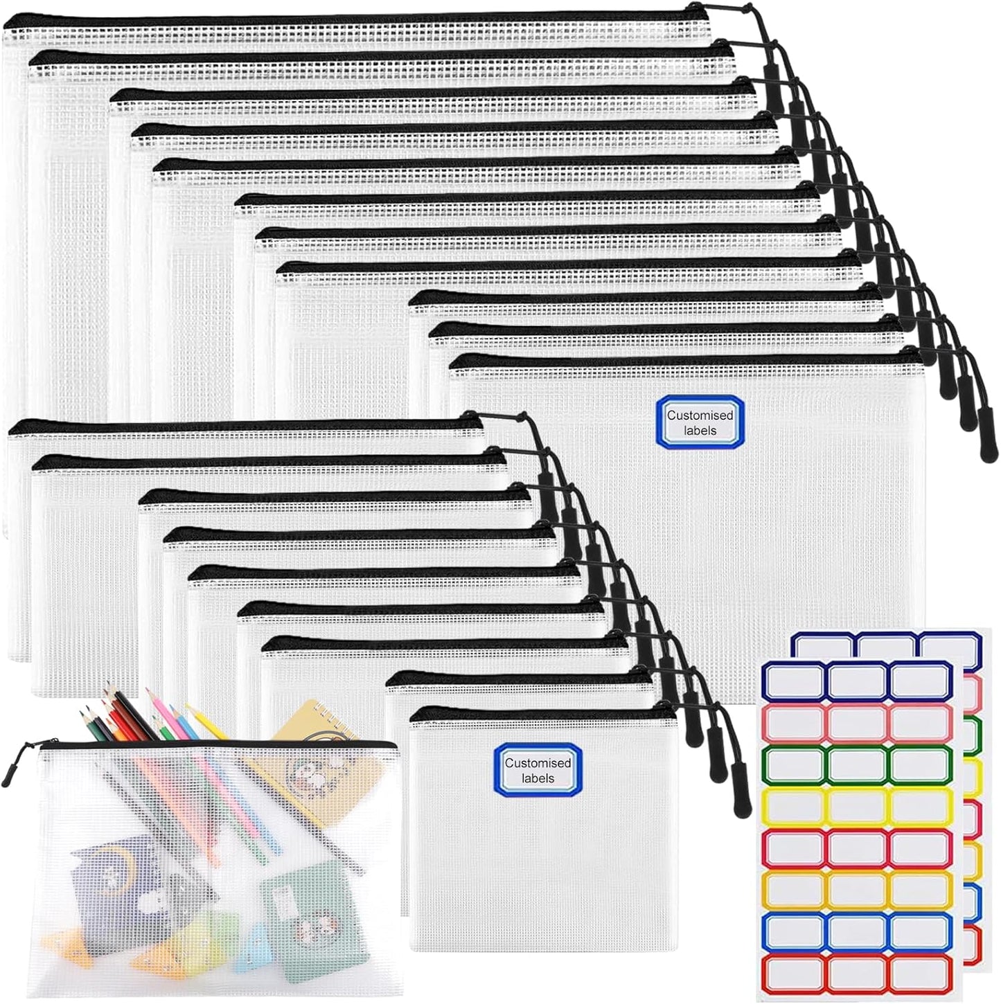 20pcs Multisize Mesh Zipper Pouch, Waterproof Bags for Office Supplies, 8 Sizes Waterproof Plastic Document Pouch, Bags for Travel Storage, Office Supply and Home Organize