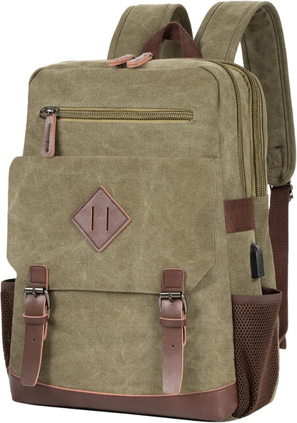 Modoker Vintage Backpack for Men Women, Canvas Bookpack Fits Most 15.6 Inches Computer and Tablets, Rucksack Backpack with USB Charging Port, Army Green