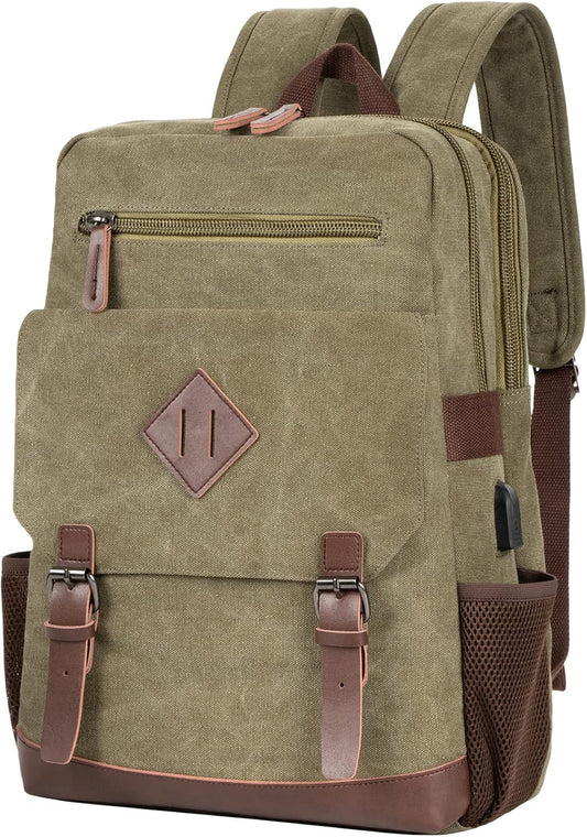 Modoker Vintage Backpack for Men Women, Canvas Bookpack Fits Most 15.6 Inches Computer and Tablets, Rucksack Backpack with USB Charging Port, Army Green
