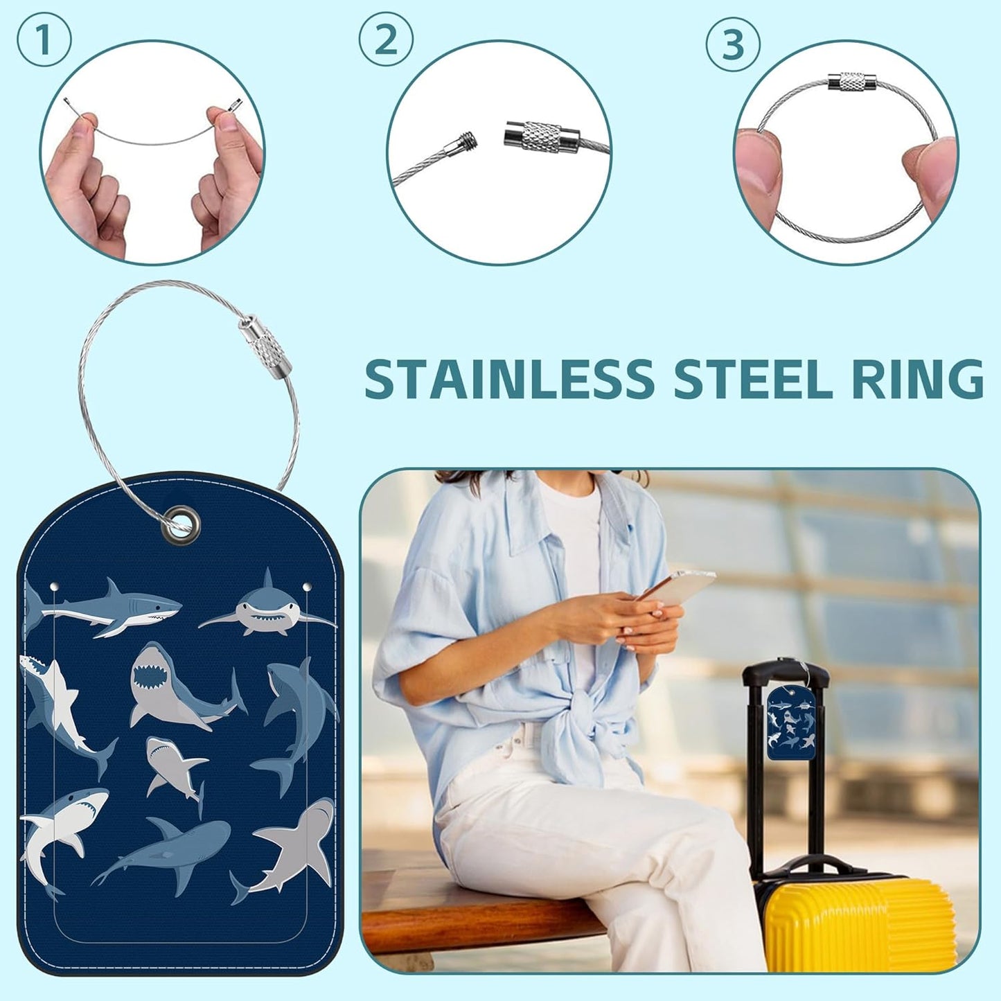2 Pack Cute Luggage Tag for Suitcases Shark Set Leather Luggage Tags with Stainless Steel Loop Privacy Flap Name Tags,Men and Women Travel Bag Suitcase Tags