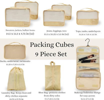 9 Set Packing Cubes - Suitcase Organizer, Cute Packing Cubes, Travel Bags Organizer for Luggage with Hanging Toiletry and Shoe Bag, Travel Essentials for Women, Men and Kids -Gold