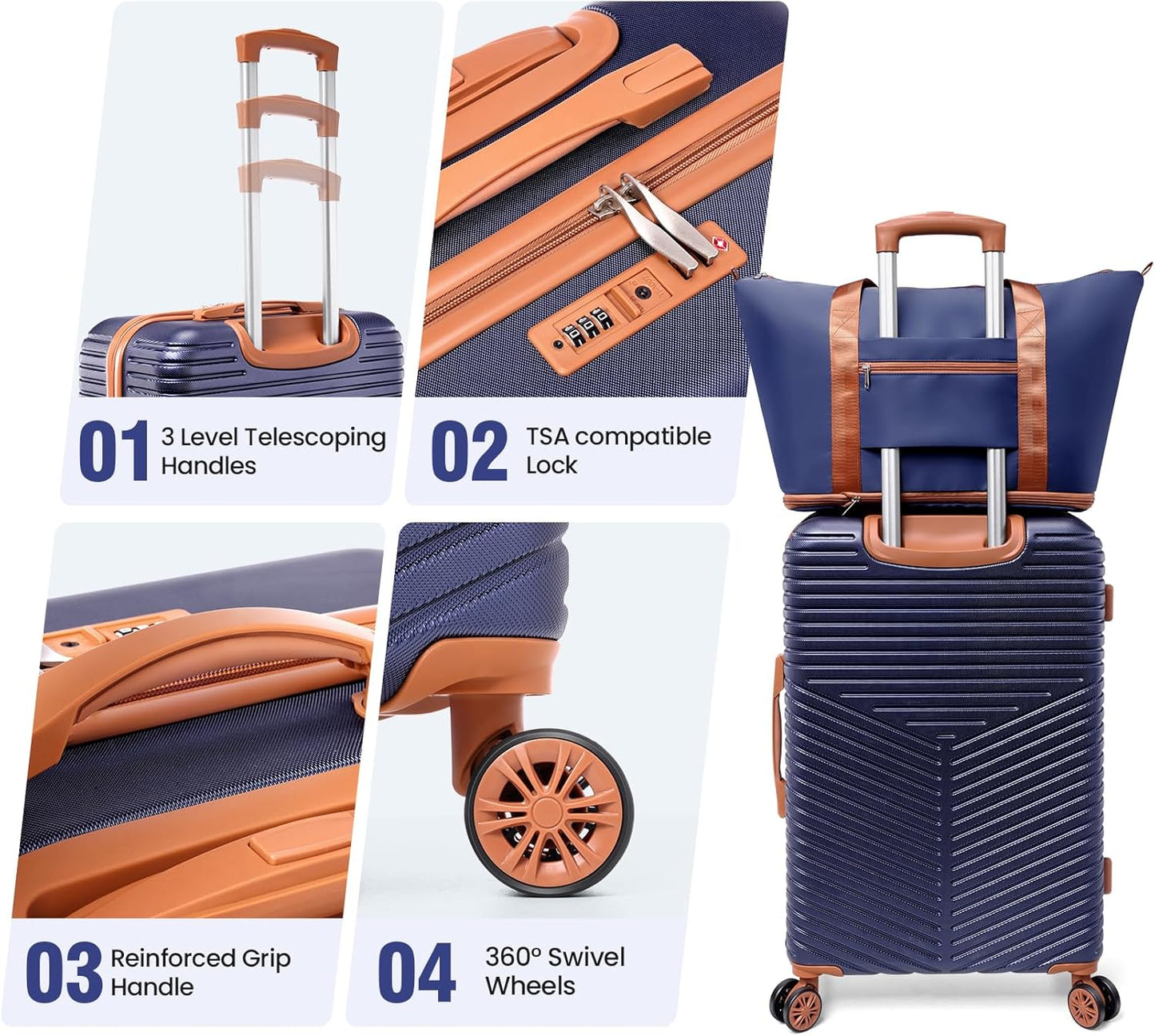 Hoteel 6 Piece Luggage Set (4-YEAR WARRANTY) Carry on ABS+PC Hard Shell Suitcase with Spinner Wheels & TSA Lock (Dark Blue)