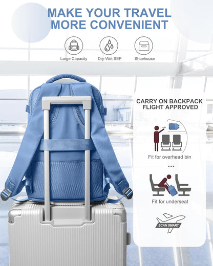 coowoz Travel Backpack for Women Man Carry On Backpack Mochila de Viaje Waterproof Teacher Personal Item Backpack Travel Bag Essentials Rucksack Airplane Accessories Must Haves Sky Blue Small