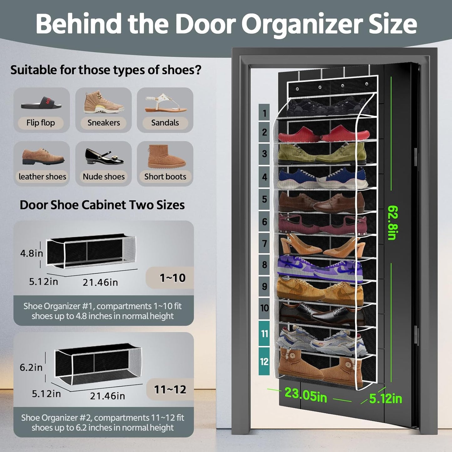 12 Pocket Over the Door Shoe Organizer,Reusable Breathable Large Mesh Bag Men's & Women's Sneaker Organizer,Shoe Organizer for Kids,Hanging Shoe Storage Hanging Bag (Black)