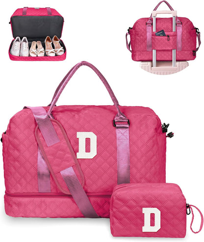 Gifts for Teen Girls 12-14-Initial Travel Bag with Shoe Compartment, Personalized Weekender Bag, Monogram Overnight Bag for Women, Letter Travel Bag with Makeup Bag (Letter D)