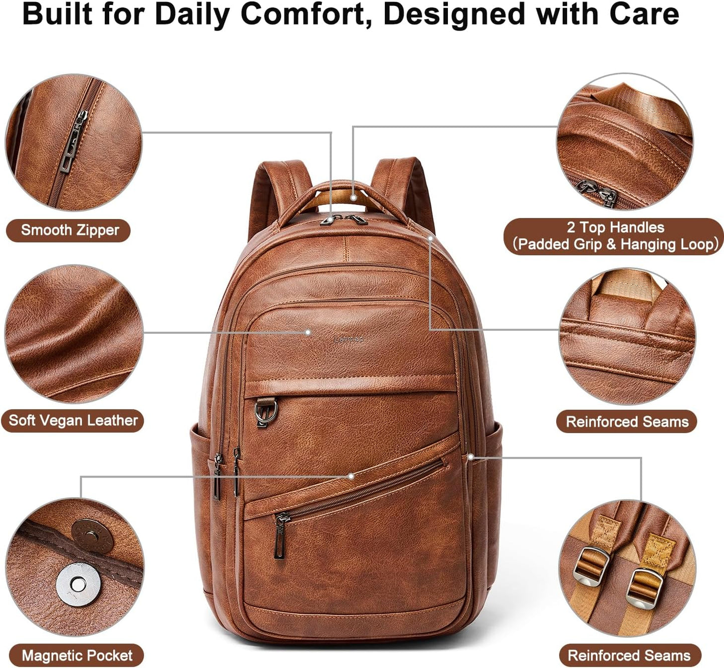 43L Backpack for Women Men - Vegan Leather Backpack Purse Travel Carry-on Bag College Bookbag Work fits 17" Laptop, Brown