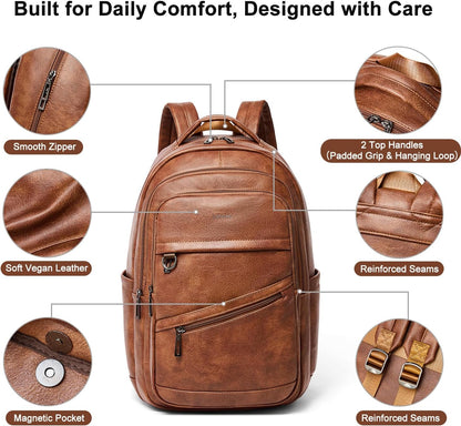 43L Backpack for Women Men - Vegan Leather Backpack Purse Travel Carry-on Bag College Bookbag Work fits 17" Laptop, Brown