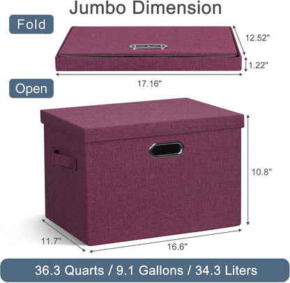 Large 17" 36 Quart Collapsible Stackable Storage Bins with Lids, 3 Packs Purple Linen Fabric Closet Boxes with Lids, Storage Cube Baskets Container Organizers for Bedroom Office (17x12x11)
