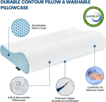 Neck Pillow Contour Memory Foam Pillows for Pain Relief Bed Pillow for Sleeping, Ergonomic Pillow for Neck and Shoulder Pain, Orthopedic Cervical Pillow for Side Back Stomach Sleeper(White&Blue)