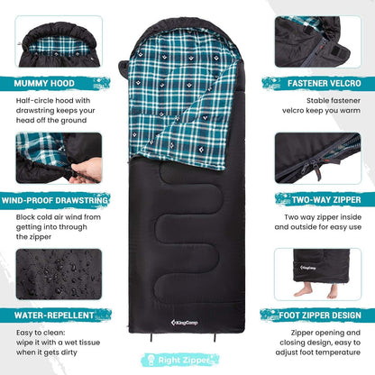 KingCamp Sleeping Bag for Adults, Cold Weather & Warm XL Big and Tall Flannel Sleeping Bags with Compression Sack Portable Waterproof Essentials Gear Accessories for Outdoor Camping