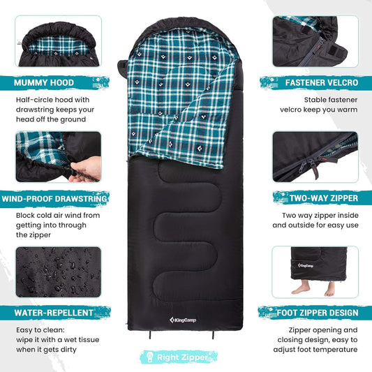 KingCamp Sleeping Bag for Adults, Cold Weather & Warm XL Big and Tall Flannel Sleeping Bags with Compression Sack Portable Waterproof Essentials Gear Accessories for Outdoor Camping