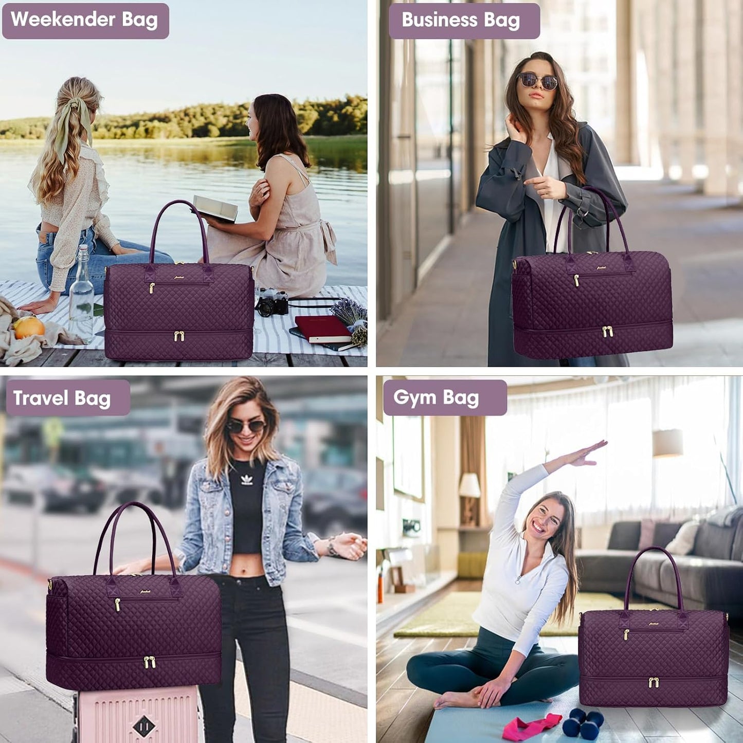 Travel Duffle Weekender Bags for Women - Carry on Overnight with Shoe Compartmen Duffle Bag Hospital Bag Dark Purple