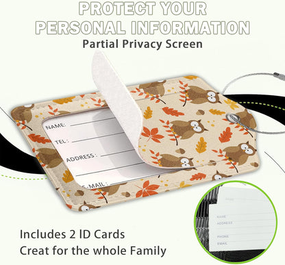 2 Pack Luggage Tags for Suitcase,Autumnal Leaves and Owl Bird Leather Luggage Tag Bag Tags Identifiers Privacy Cover Id Label with Steel Loop for Women Men Girls Boys Travel