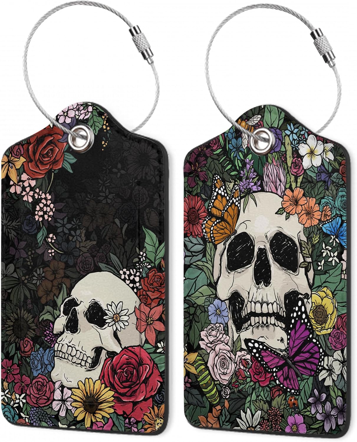Skull Flowers Luggage Tags,2 Pack Luggage Tag,Leather Privacy Cover ID Label with Stainless Steel Loop for Women Men Kids Girls Travel