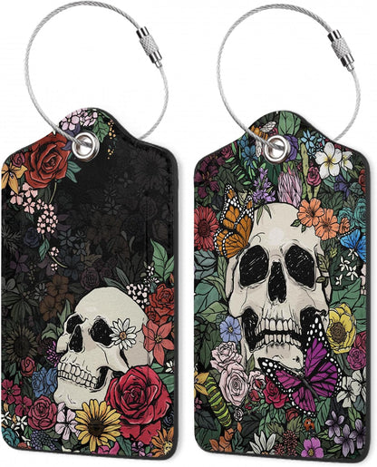 Skull Flowers Luggage Tags,2 Pack Luggage Tag,Leather Privacy Cover ID Label with Stainless Steel Loop for Women Men Kids Girls Travel