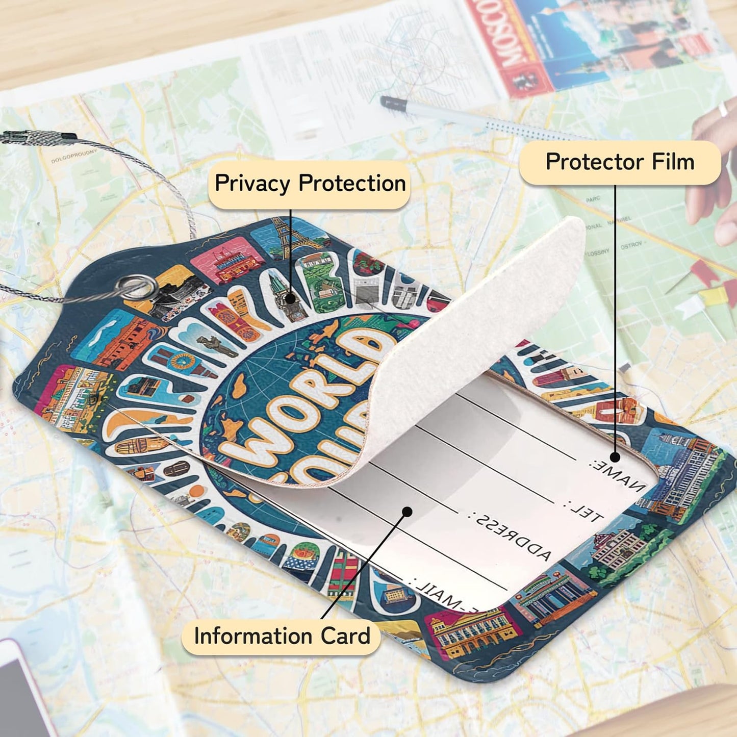 Travel Around The World Luggage Tags for Suitcase,3 Pack Go Travel Flight Views Luggage Tag Leather Privacy Cover ID Label with Stainless Steel Loop for Women Men