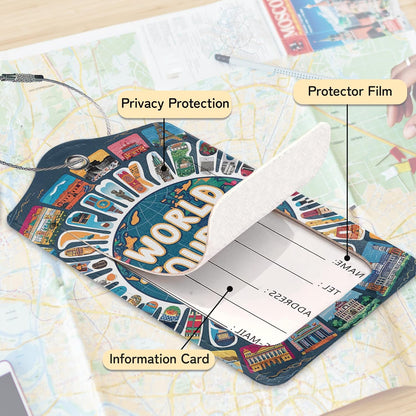 Travel Around The World Luggage Tags for Suitcase,3 Pack Go Travel Flight Views Luggage Tag Leather Privacy Cover ID Label with Stainless Steel Loop for Women Men