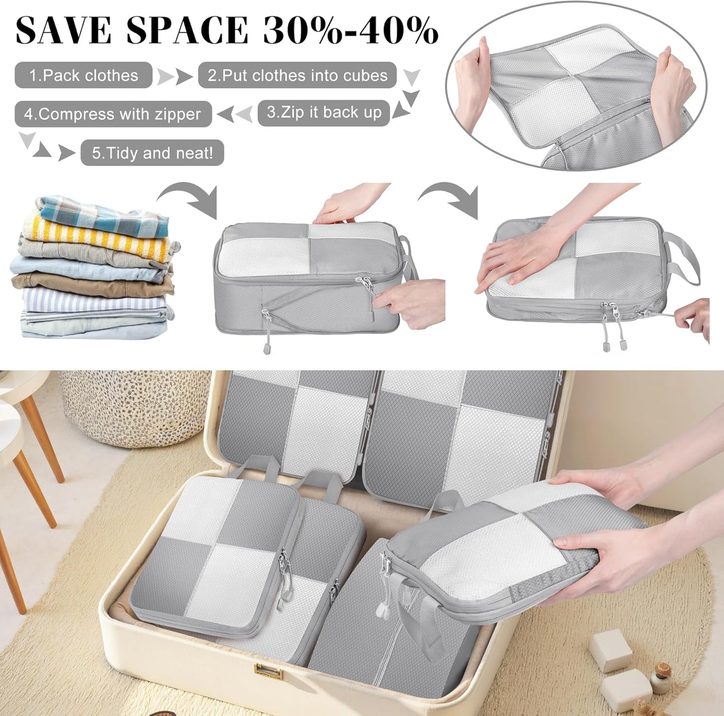 8 Set Compression Packing Cubes Travel, Lightweight Expandable Travel Cubes Suitcase Organizer for Carry On Luggage Suitcase, Grey
