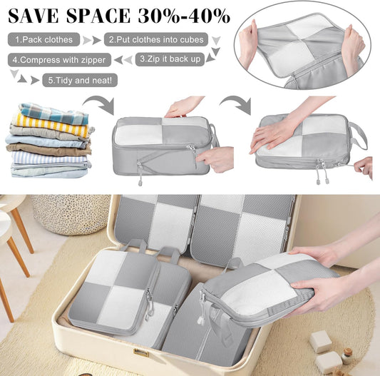 8 Set Compression Packing Cubes Travel, Lightweight Expandable Travel Cubes Suitcase Organizer for Carry On Luggage Suitcase, Grey