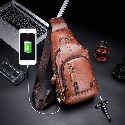 BULLCAPTAIN Leather Sling Bag Mens Chest Bag Casual Shoulder Crossbody Bags Travel Hiking Backpacks Daypack with USB Charging Port (Brown)