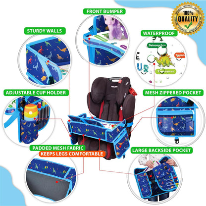 Kids Travel Tray - Waterproof Car Table with No-Drop Large Tablet Holder - Car Seat Tray - Road Trip Must Haves - Lap Desk Kids Organizer for Airplane - Toddler Travel Activities (Blue)