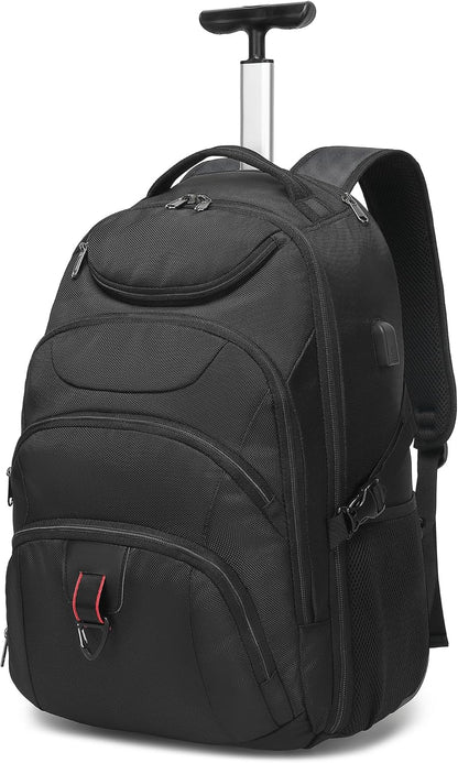 Boavan Wheeled Backpack,18.4 inch Water Resistant Rolling Backpack,Carry on Luggage Business Bag, Overnight College Computer Backpacks Trolley Suitcase for Men Women Adults to Travel，Black