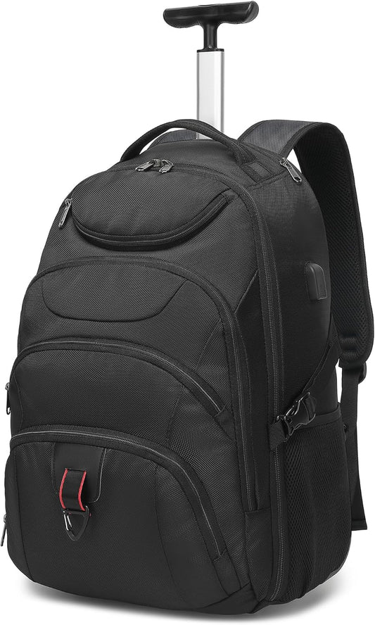 Boavan Wheeled Backpack,18.4 inch Water Resistant Rolling Backpack,Carry on Luggage Business Bag, Overnight College Computer Backpacks Trolley Suitcase for Men Women Adults to Travel，Black