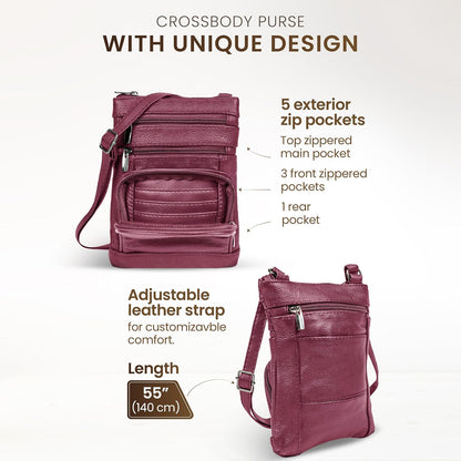 Krediz leather Crossbody Purses for Women, Multi Pocket Crossbody Purse with Adjustable Strap, Soft & Durable Leather Purse