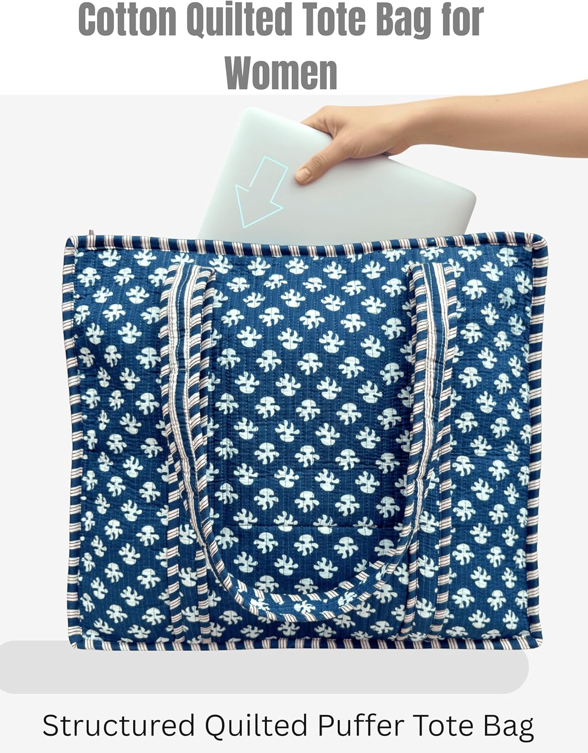 Cotton Quilted Tote Bag for Women – Large Beach & Travel Tote with Zipper, Reusable Grocery Bag