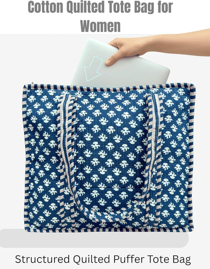 Cotton Quilted Tote Bag for Women – Large Beach & Travel Tote with Zipper, Reusable Grocery Bag