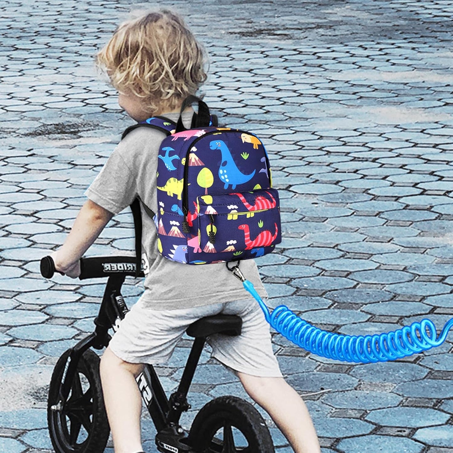 Accmor Toddler Backpack Leash with Anti Lost Wrist Link, Cute Mini Child Walking Harnesses Keep Kids Close Back Pack Rope Tether Rein for Baby Boys (Navy Blue/Dino)