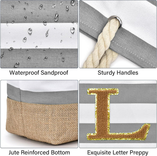 Becokan Beach Bag Initial Beach Tote with Makeup Bag for Travel Work Storage Personalized Birthday Gifts for Women Her