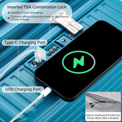 28 Inch Luggage Hard Shell Suitcases, Expandable Travel Checked Luggage 28 Inch, Large Check In Luggage with Spinner Wheels Cup Holder Charger Built in Lightweight Suitcase, Caribbean Blue