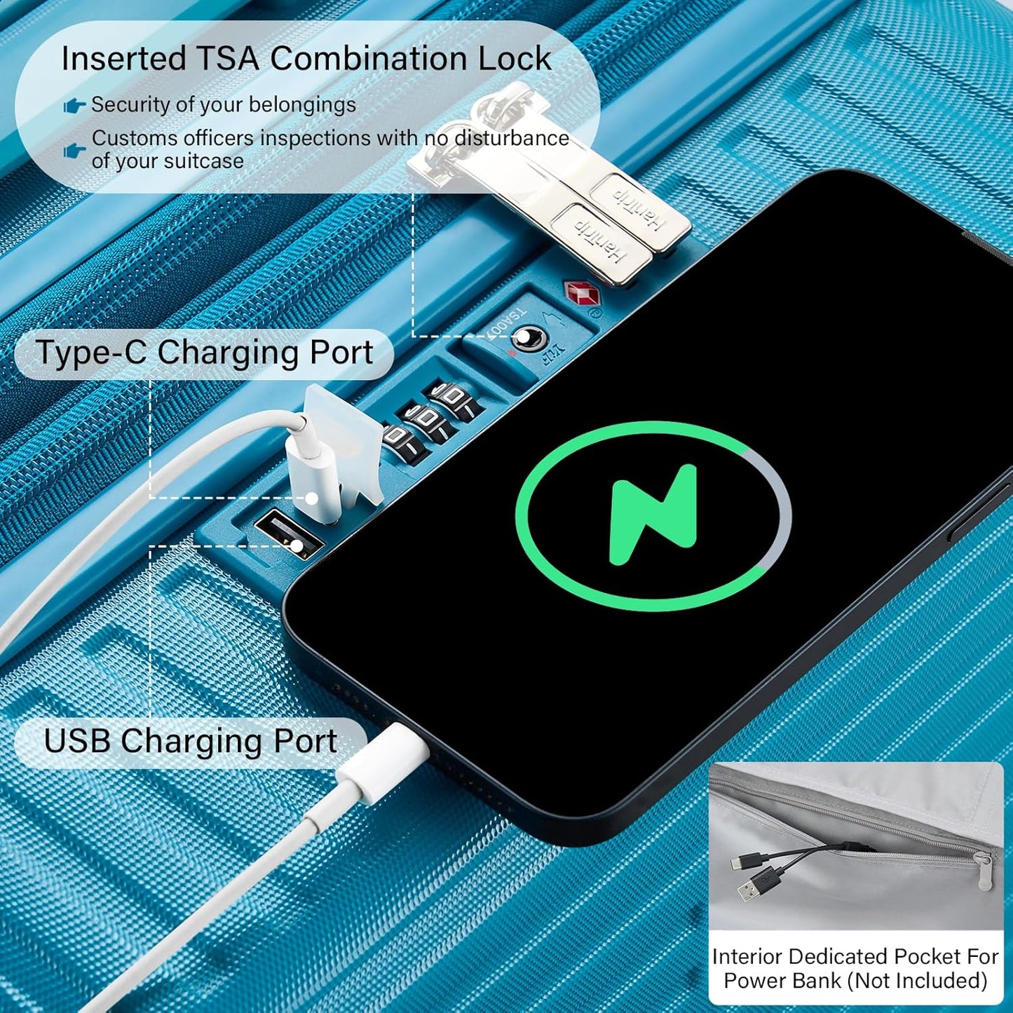 Hard Shell Suitcases Expandable Travel Luggage Sets 2 Piece, Carry on and Check in Luggage Lightweight Suitcase Set 2 Piece with Wheels Cup Holder Charger Built in (Caribbean Blue, 20/28)