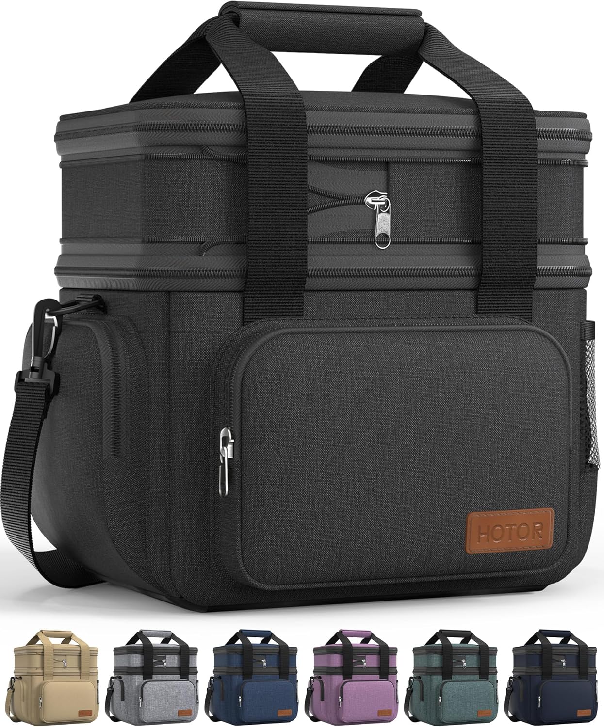 HOTOR Lunch Box for Men and Women - Leak-Proof Insulated Lunch Cooler Bag with Adjustable Strap, Multiple Pockets for Office, Picnic, Hiking, Beach, 2 Layer, 17L, Black, 12.2" x 7.9" x 10.6"