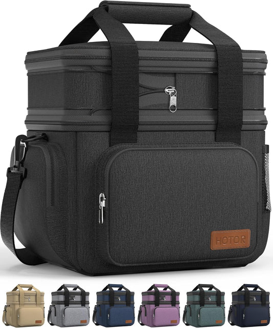 HOTOR Lunch Box for Men and Women - Leak-Proof Insulated Lunch Cooler Bag with Adjustable Strap, Multiple Pockets for Office, Picnic, Hiking, Beach, 2 Layer, 17L, Black, 12.2" x 7.9" x 10.6"
