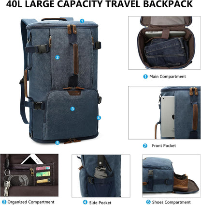 G-FAVOR 40L Travel Backpack, Vintage Canvas Rucksack Convertible Duffel Bag Carry On Backpack Fit for 17.3 Inch Laptop Bag, Blue