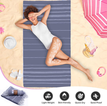 Turkish Beach Towel - 40x71 Inch Oversized Sand Resistant Prewashed Cotton Towel - Quick Drying, Compact, Lightweight for Beach, Bath, Pool, Gym, Yoga