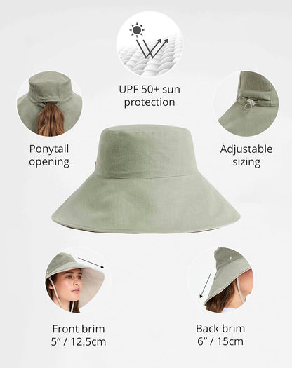 Solbari Women’s Ultra-Wide Cotton Linen Sun Hat UPF 50+, Packable, Adjustable with Ponytail Hole for Travel, Beach & Outdoors