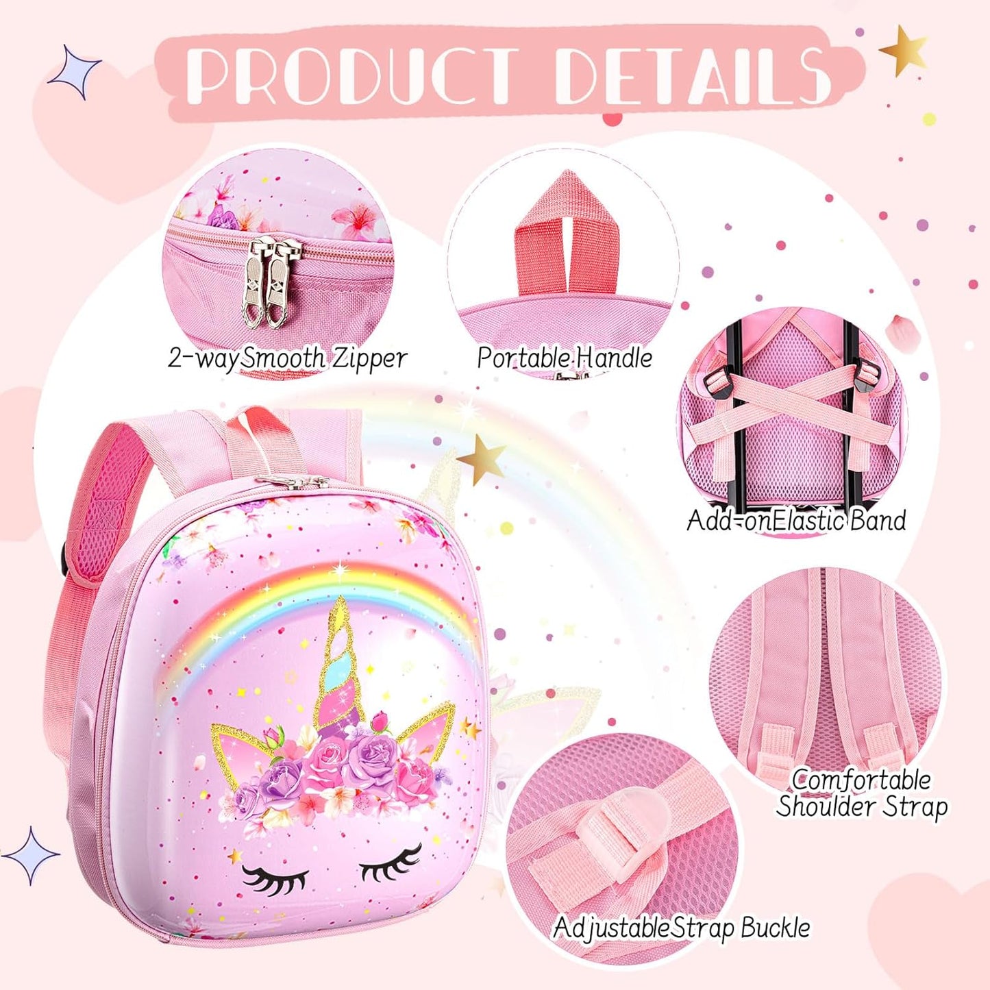 Sanwuta 4 Pcs Kids Luggage Set Kids Backpack Travel Rolling Suitcase with Wheels U-shape Pillow Childrens Gift for Girls Boys(17 Inch,Unicorn Rainbow Style,Pink)