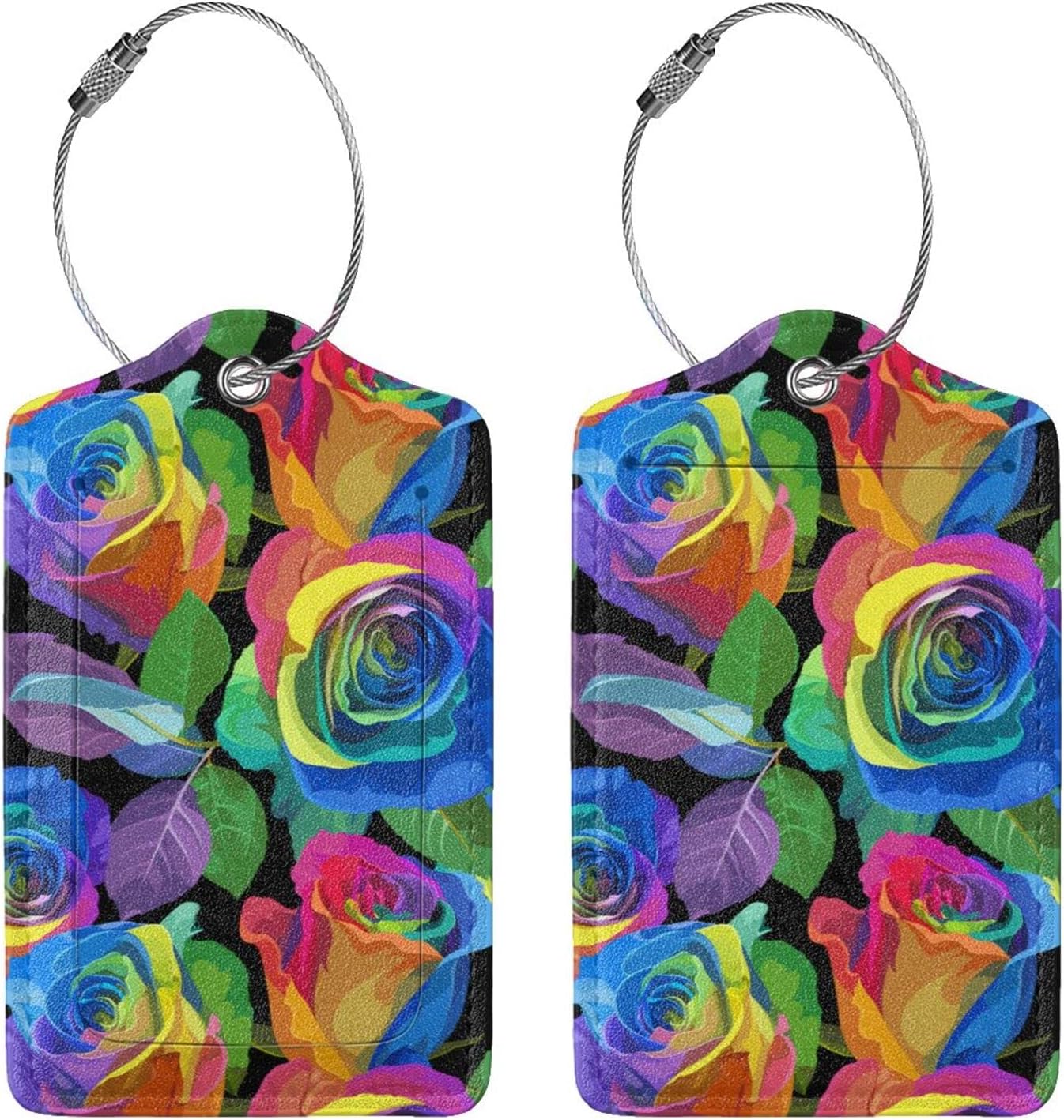 Rainbow Rose Flowers Luggage Tag for Women Girls, Sport Suitcase Tag Leather Travel Baggage Identifiers Tags with Full Back Privacy Name ID Card Set of 2