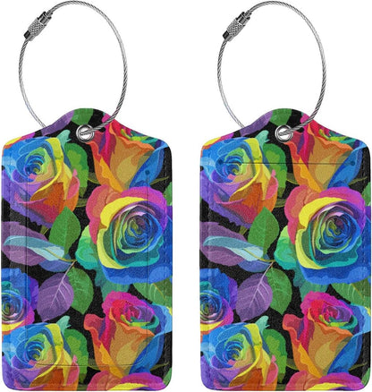 Rainbow Rose Flowers Luggage Tag for Women Girls, Sport Suitcase Tag Leather Travel Baggage Identifiers Tags with Full Back Privacy Name ID Card Set of 2