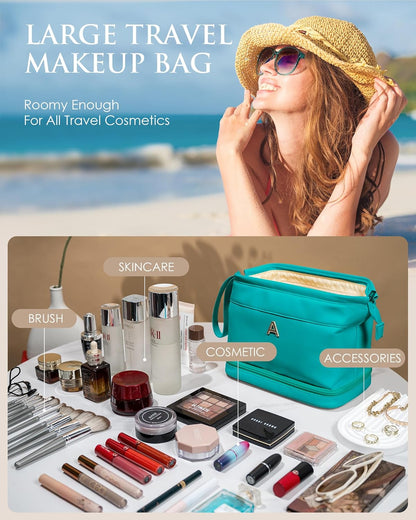 Teen Girl Gift Ideas, Birthday Gift for Her, Makeup Bags, Waterproof Double Layer Cosmetic Bag, Large Capacity PU Leather Makeup Bags Letter Travel Toiletry Bag, Initial Gifts for Coworkers