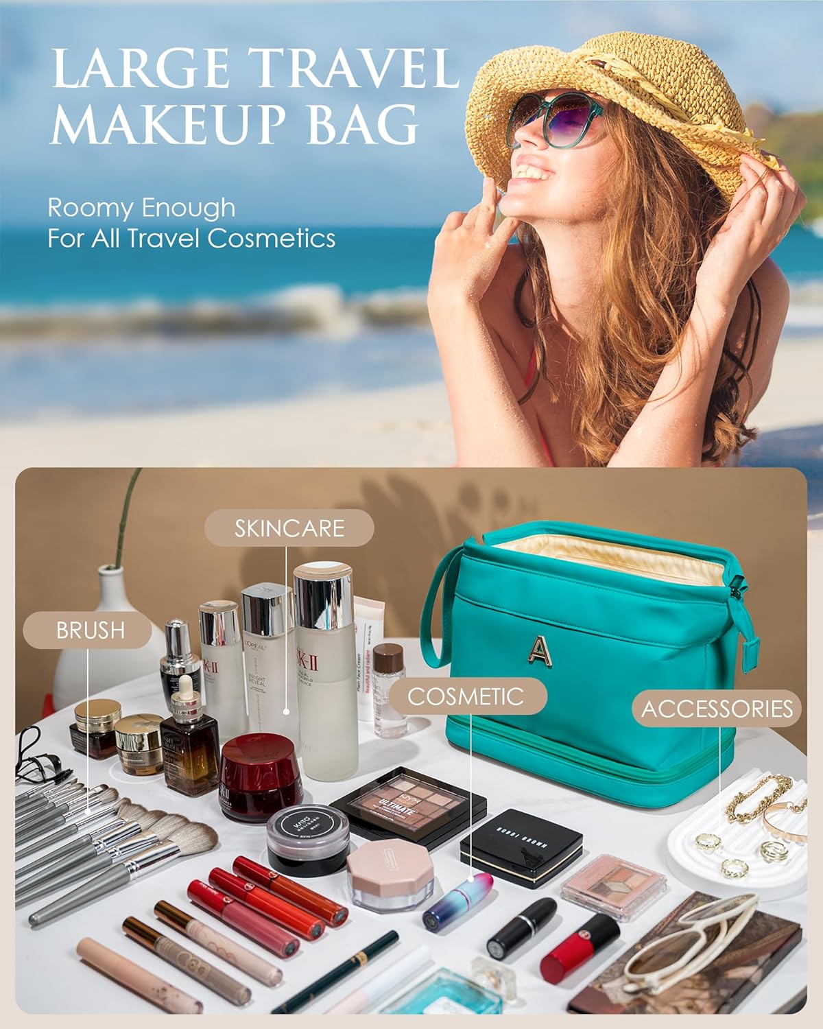 Daughter Birthday Gift for Her, Makeup Bags, Waterproof Double Layer Cosmetic Bag, Large Capacity PU Leather Makeup Bags Letter Travel Toiletry Bag, Initial Gifts for Coworkers