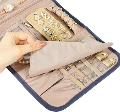 BELALIFE Travel Jewelry Case Organizer, Foldable Storage Roll for Earrings, Necklaces, Rings, Bracelets, Brooches, Blue-Gray