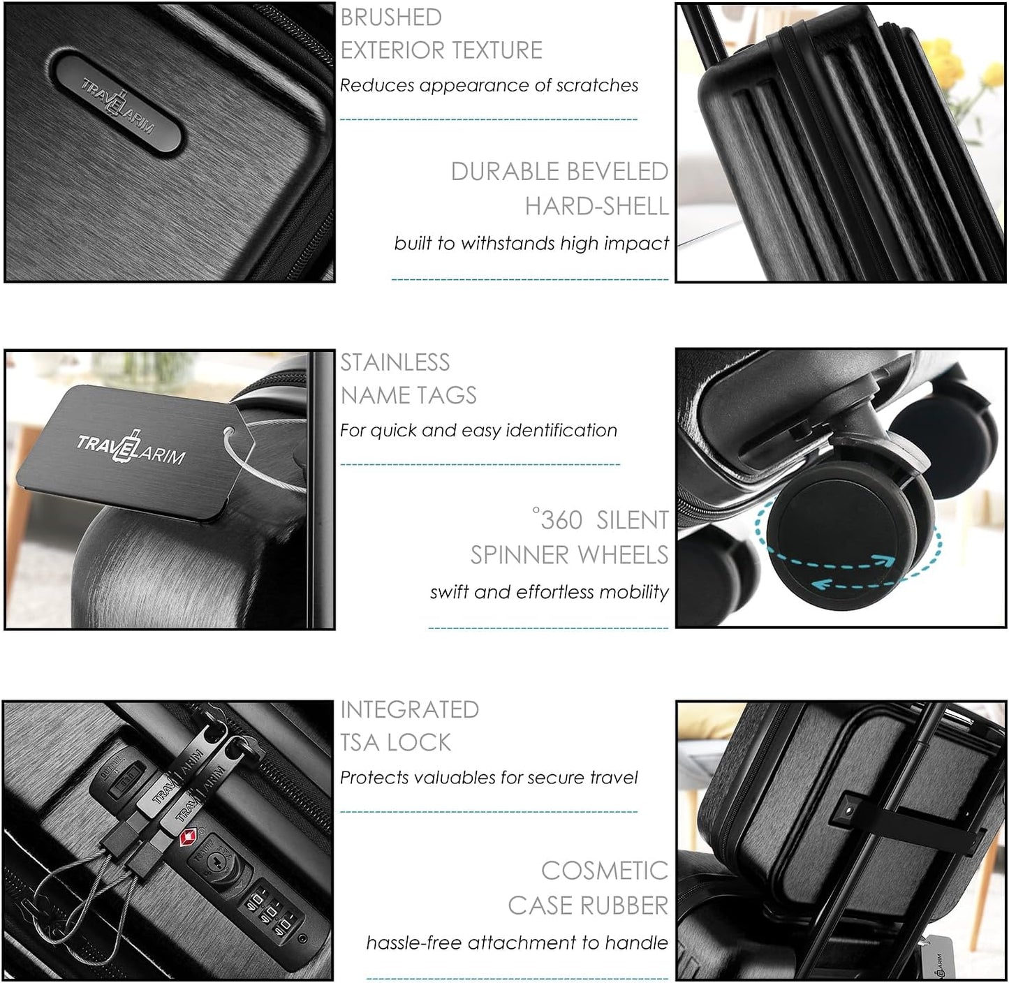 22 Inch Carry On Luggage 22x14x9 Airline Approved, Carry On Suitcase with Wheels, Hard-shell Carry-on Luggage, Durable Luggage Carry-On, Jet Black Small Suitcase with Cosmetic Case