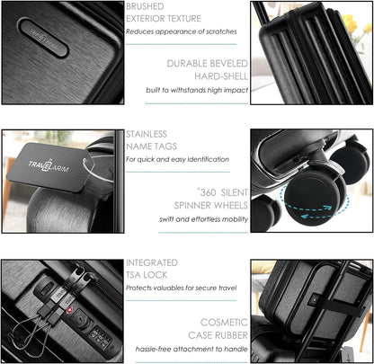 22 Inch Carry On Luggage 22x14x9 Airline Approved, Carry On Suitcase with Wheels, Hard-shell Carry-on Luggage, Durable Luggage Carry-On, Jet Black Small Suitcase with Cosmetic Case